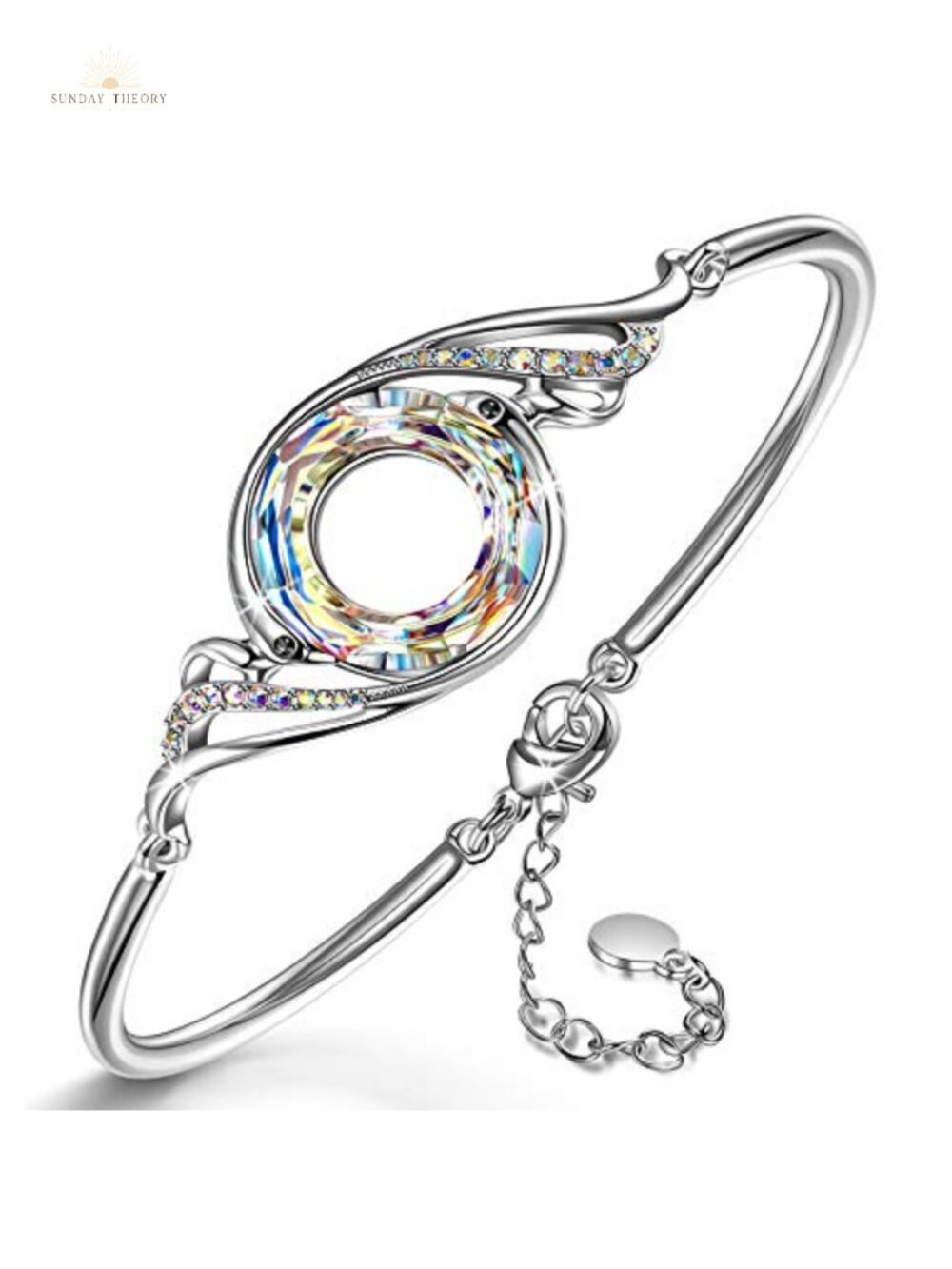 Phoenix Bangle Bracelet, White Gold Plated Brass with Austrian Crystals,